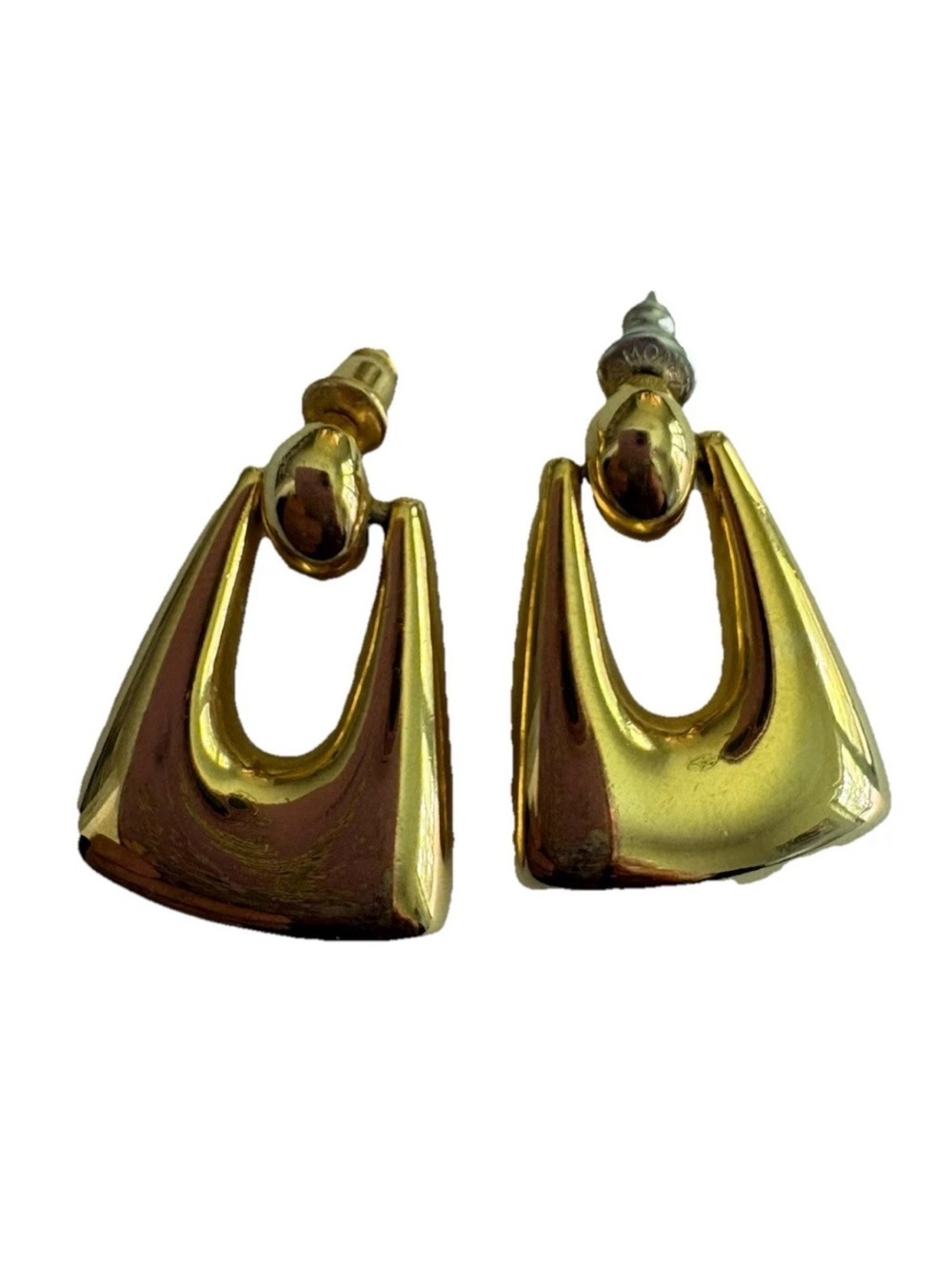 Vintage Monet Gold Tone Door Knocker Pierced Earrings Geometric Trapezoid 80s